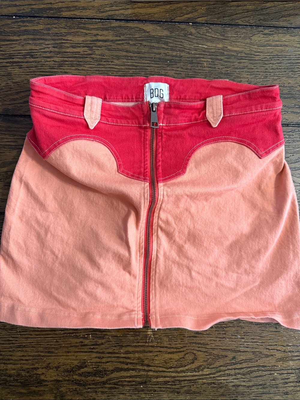 BDG Two-Tone Coral and Pink Zip-Front Mini Skirt
